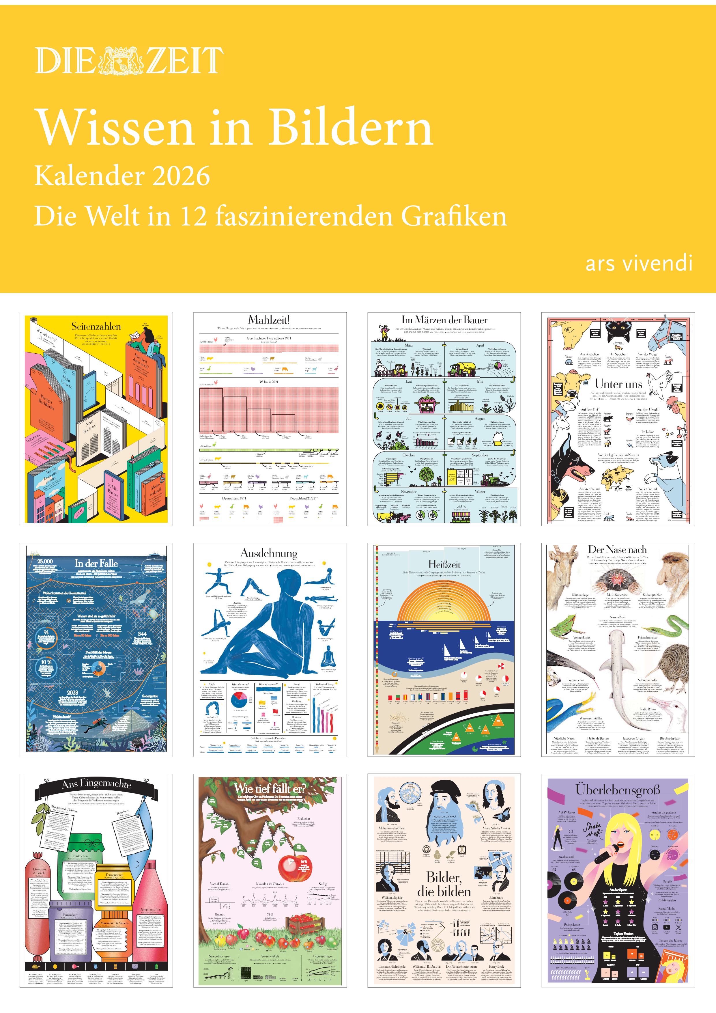 Kalender 2026 mit dem Titel 'Wissen in Bildern'. Der Kalender zeigt 12 verschiedene Infografiken, jede für einen Monat. Die Abbildungen sind bunt und thematisch vielfältig, dargestellt auf einem gelben Cover.