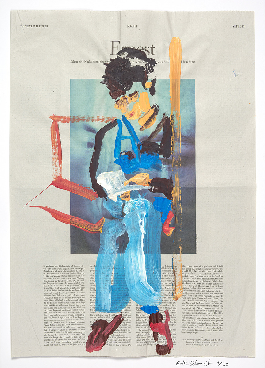 ZEIT-Sonderedition »Ernest, 2024« von Erik Schmidt zeigt ein abstraktes Gemälde mit intensiver Farbgebung auf einem Zeitungsblatt. Dominierende Farben sind Blau, Rot, Orange, Weiß und Schwarz. Das Kunstwerk ist eine Mischtechnik mit dynamischen Pinselstrichen.