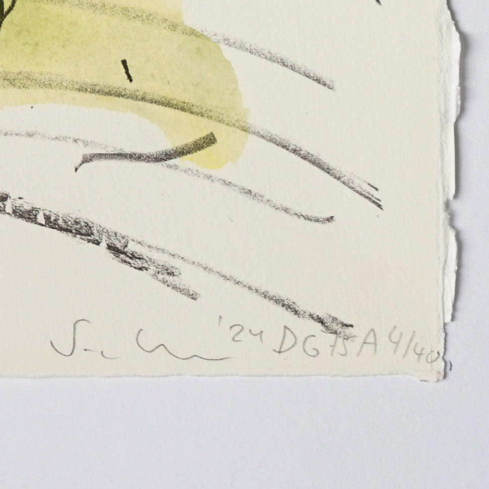 Ein Ausschnitt einer Lithografie mit abstrakten schwarzen Linien und einem gelben Farbklecks auf weißem Papier. Die Kunstdruck hat eine erkennbare Handschrift und eine Nummerierung in der unteren rechten Ecke.
