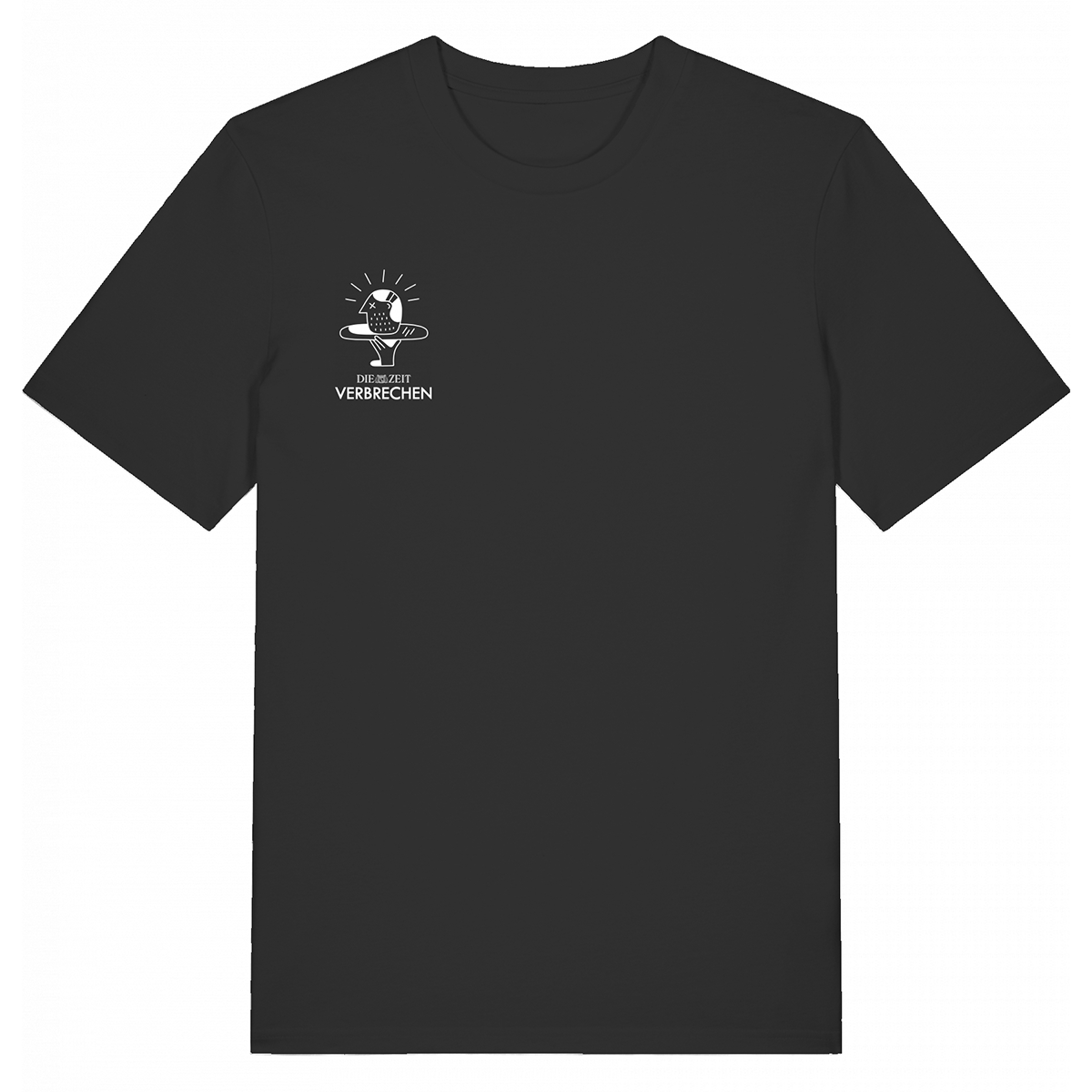 Schwarzes T-Shirt mit weißem Aufdruck auf der linken Brustseite; Motiv zeigt eine Lupe, ein Lichtstrahl und das Wort ZEIT-Verbrechen darunter. Das Design ist schlicht und modern gehalten.