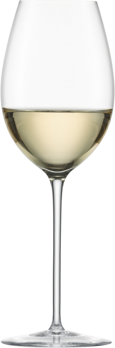 Ein einzelnes Weißweinglas aus dem 2er-Set »Enoteca«, gefüllt mit Weißwein. Das Glas steht aufrecht und hat einen eleganten Stiel. Es ist teils gefüllt mit einem hellgoldenen Wein.