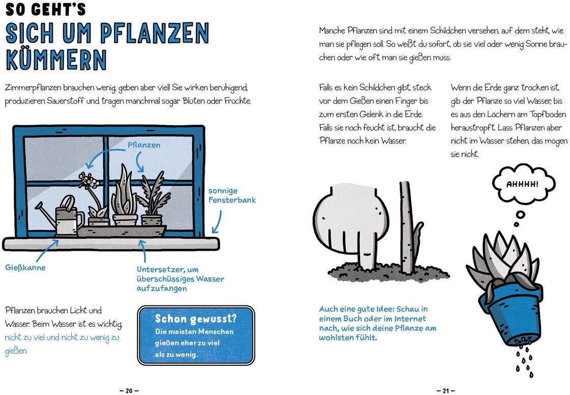 Ein aufgeschlagenes Buch mit dem Titel 'Alles, was Du in der Schule nicht lernst' von Catherine Newman. Die Seiten zeigen eine illustrierte Anleitung zur Pflanzenpflege mit Texten und Bildern.