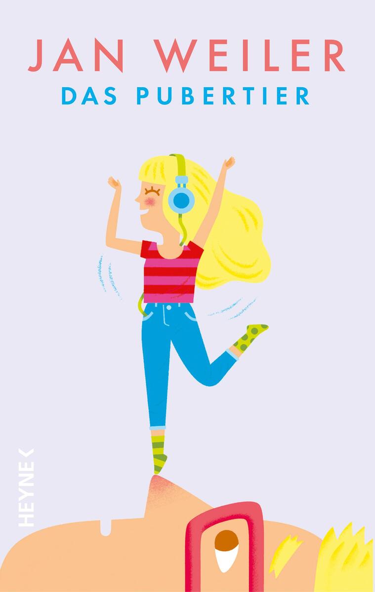 Illustration eines fröhlichen Mädchens mit blonden Haaren und blauen Kopfhörern, das in einem roten gestreiften Shirt und blauer Hose tanzt, auf dem Buchcover von 'Das Pubertier' von Jan Weiler.