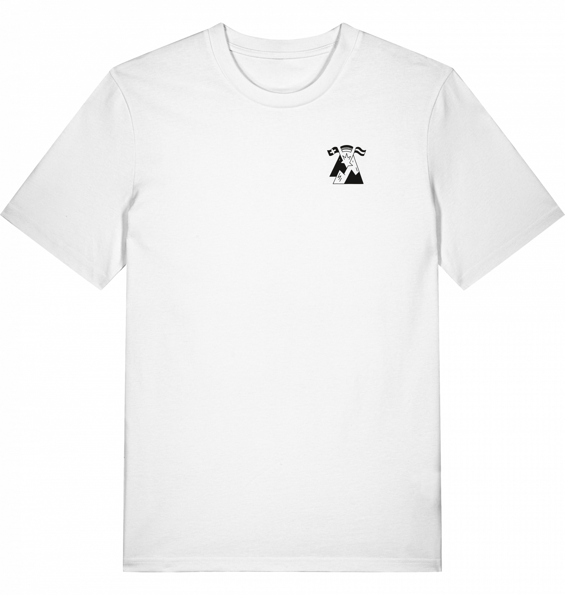 Weißes T-Shirt mit kleinem, schwarzem Druck auf der linken Brustseite. Aufdruck zeigt drei Flaggen mit den Aufschriften 'Servus', 'Grüezi', 'Hallo' und darunter eine stilisierte Bergsilhouette. Schlichtes, modernes Design.
