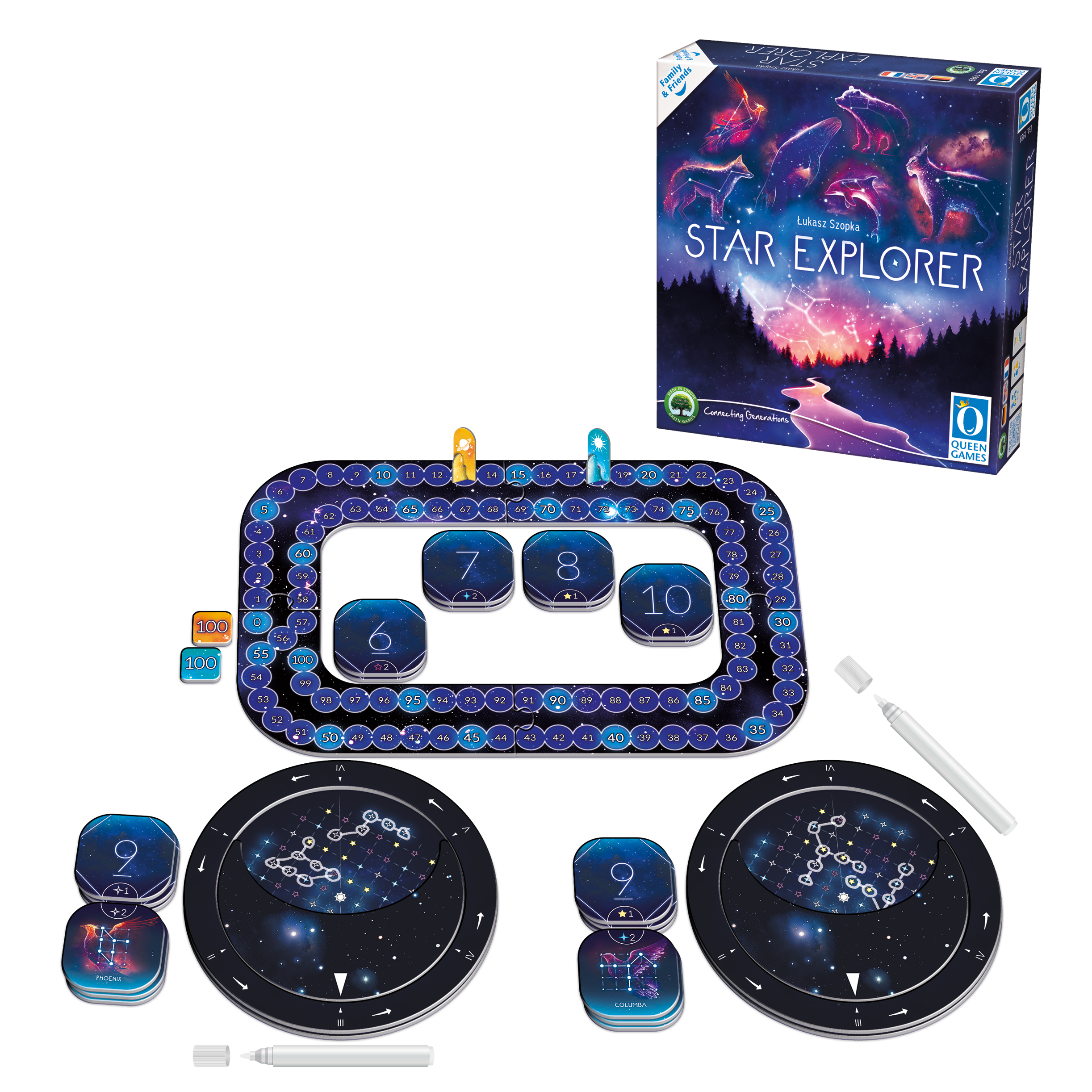Fotografie des Brettspiels »Star Explorer« mit einem dekorativen Spielbrett, Karten, Spielmaterialien und dem Spielkarton, der ein galaktisches Sternenmotiv zeigt. Das Spiel ist auf Sternbilder und Astronomie ausgelegt und eignet sich für Familien und Freunde ab 9 Jahren.