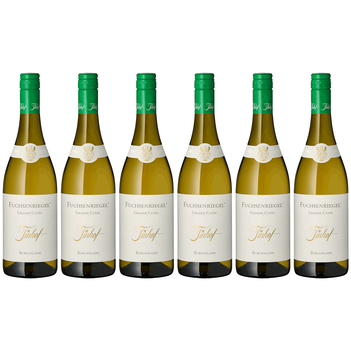 Sechs Flaschen Fuchsenriegel Tinhof Weißwein aus dem Burgenland, nebeneinander aufgereiht mit hellen Etiketten und grünlichen Glasflaschen, geeignet als Geschenk oder für festliche Anlässe.