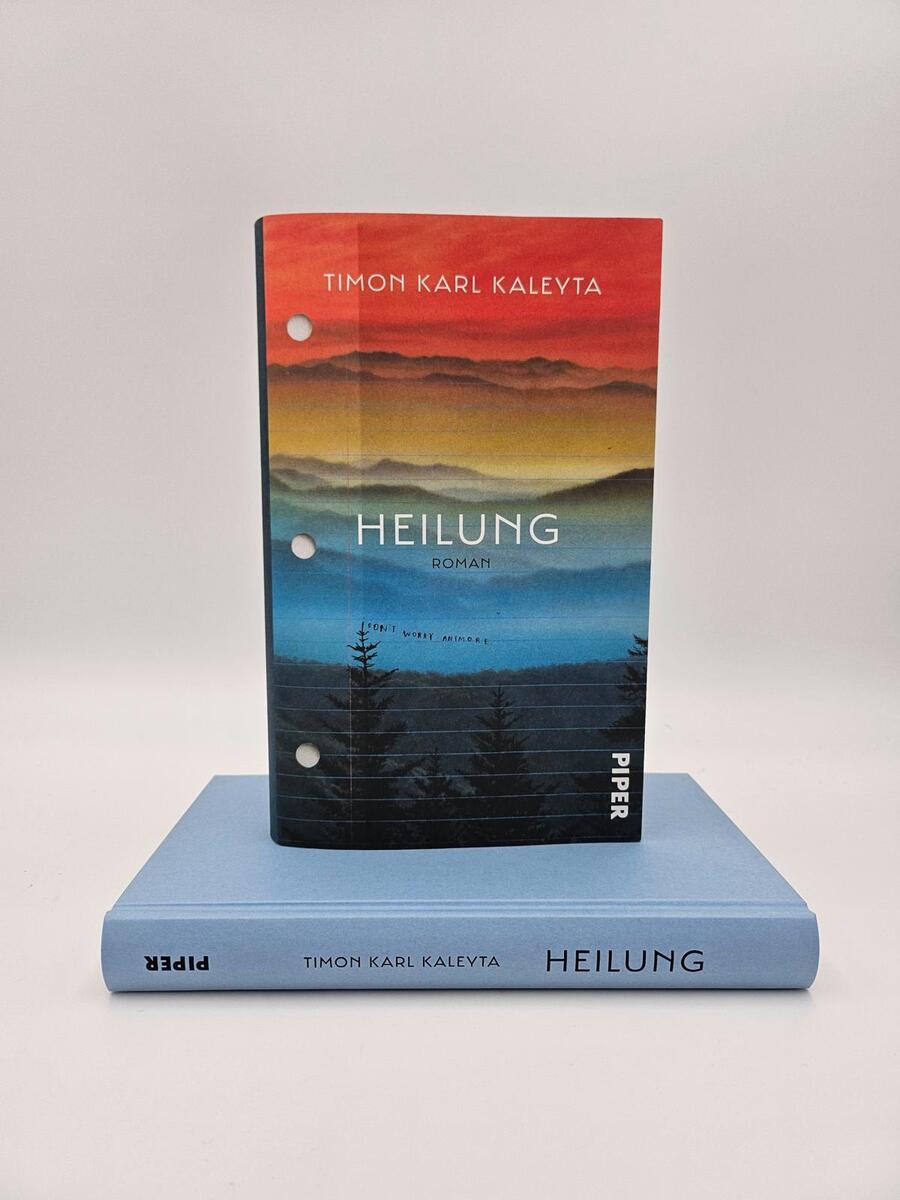 Ein Buch mit dem Titel 'Heilung' von Timon Karl Kaleyta. Das Cover zeigt eine Landschaft in Rot-, Blau- und Schwarztönen. Das Buch steht auf einem blauen Hintergrund.