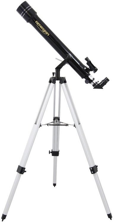 Das Teleskop »Omegon« AC 70/700 AZ-2 ist ein schwarzes optisches Werkzeug auf einem silbernen Stativ, das für Hobbyastronomen und Sternbeobachtung geeignet ist.