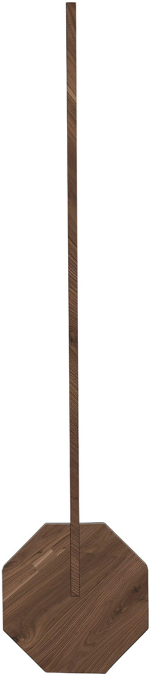 Eine minimalistische Tischlampe mit oktogonaler Basis aus Holzoptik. Die Lampe hat ein schlankes, modernes Design, das für stilvolle Innenarchitektur geeignet ist.