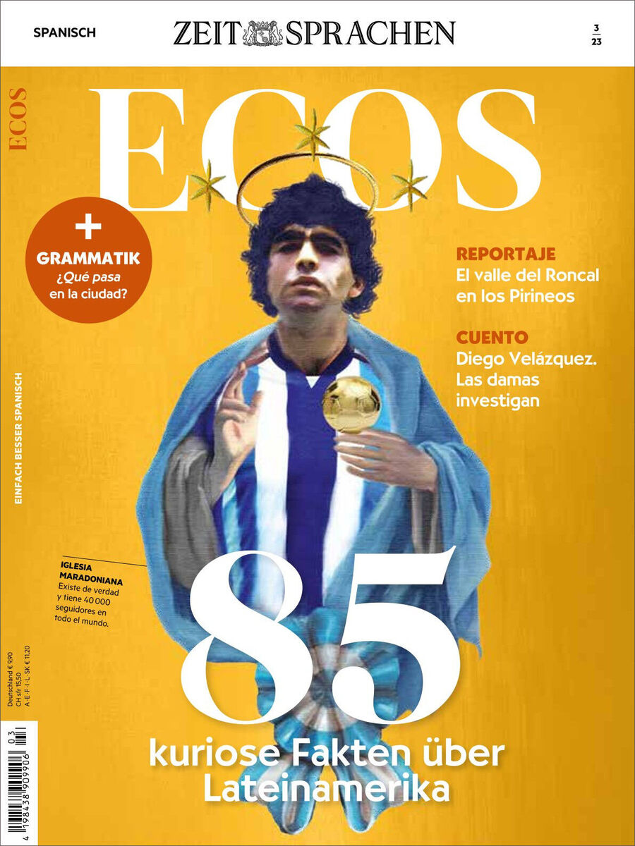 Cover der Zeitschrift Ecos Magazin Ausgabe 03/2023 mit Titel '85 kuriose Fakten über Lateinamerika', einem Bild von Diego Velázquez und verschiedenen Rubriken wie Grammatik und Reportagen.