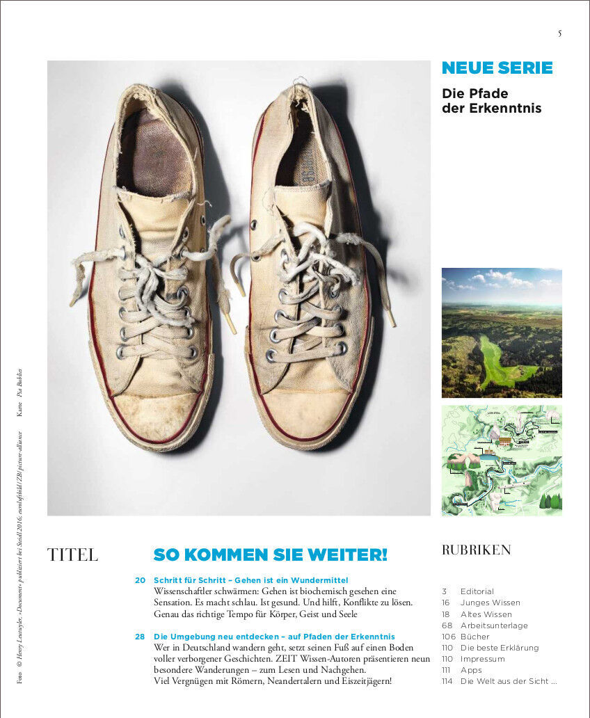 Das Cover des Magazins ZEIT WISSEN 3/17 zeigt ein Paar gebrauchte weiße Turnschuhe oben und eine farbige Illustration einer Landschaft unten. Text auf dem Cover informiert über verschiedene Rubriken und eine neue Serie im Magazin.