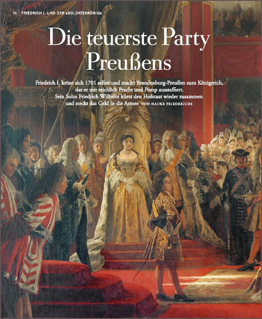 Künstlerische Darstellung einer Krönungszeremonie, die Friedrich I. als König von Preußen zeigt, umgeben von Adligen und Höflingen in reichen barocken Kostümen. Die Szene ist in warmen Tönen gehalten und strahlt Prunk und Pracht aus.