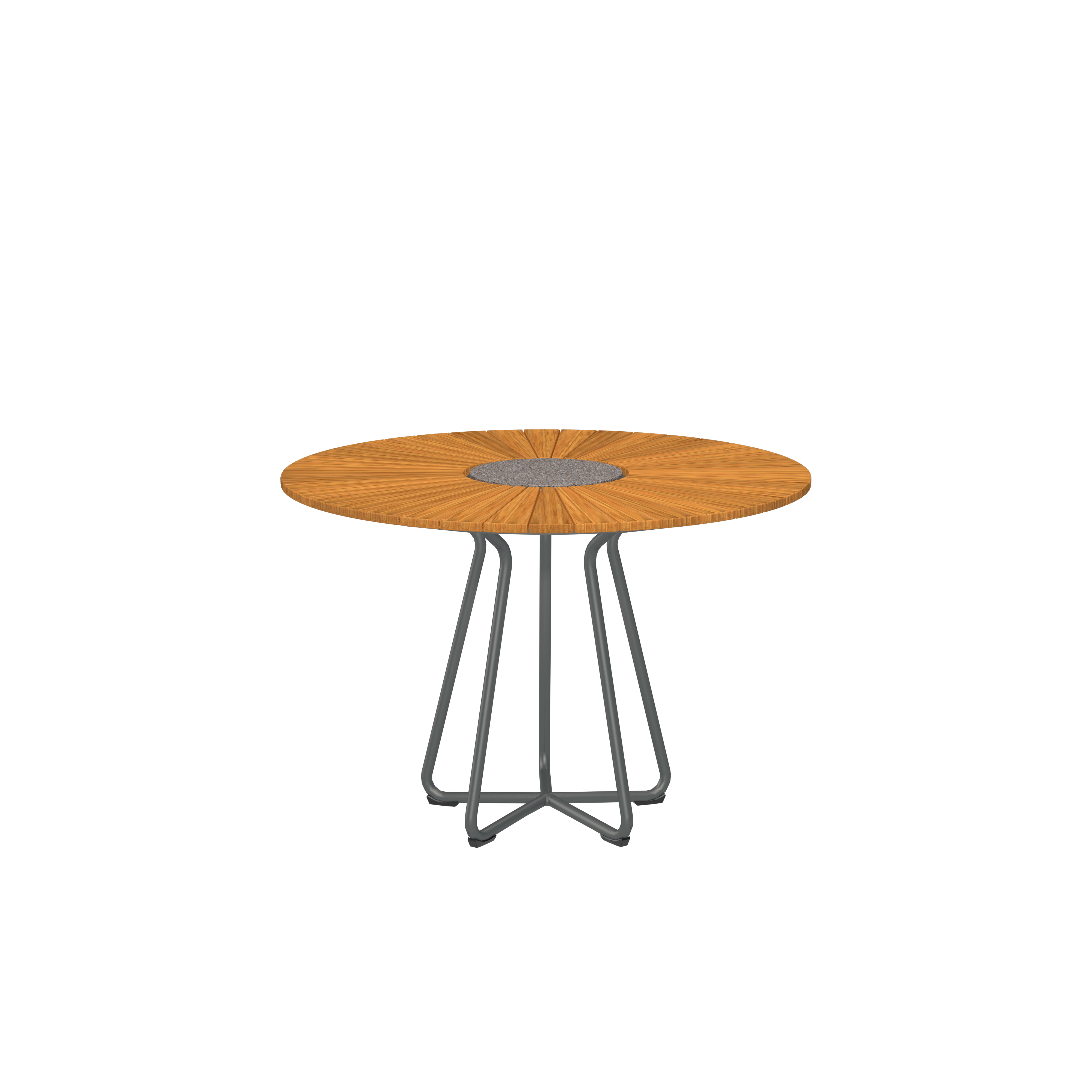 Runder Gartentisch der Serie »CIRCLE« mit einer Tischplatte aus Holz und stabilem grauem Metallgestell, geeignet für den Außenbereich wie Garten oder Terrasse.