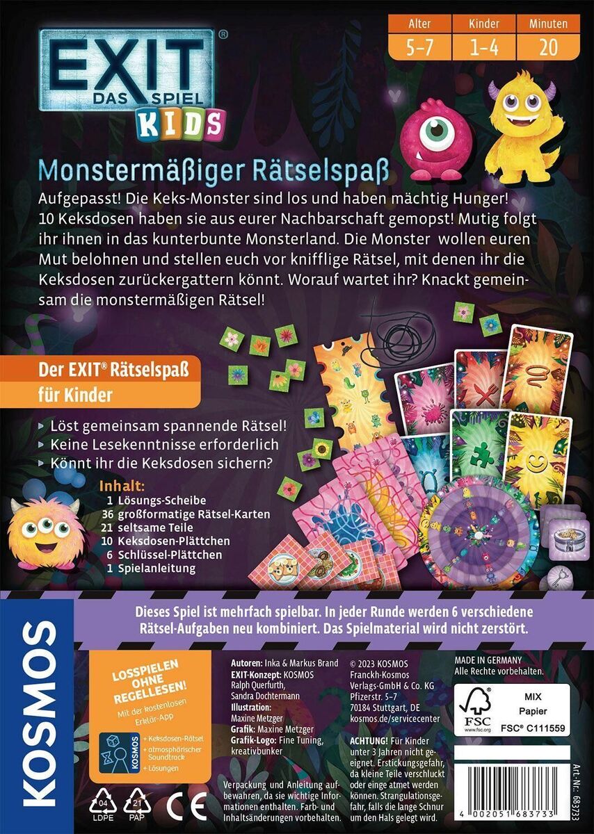 Die Rückseite des Spiels 'EXIT - Das Spiel - Kids: Monstermäßiger Rätselspaß'. Zeigt bunte Illustrationen von Monstern, Regeln, Spielelementen und Informationen von Kosmos Verlag. Das Spiel richtet sich an Kinder von 5 bis 7 Jahren.