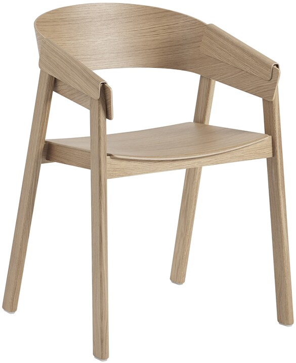 Ein moderner Stuhl aus Eichenholz mit minimalistischen Design und abgerundeter Rückenlehne. Perfekt geeignet für Esszimmer oder Wohnzimmer.