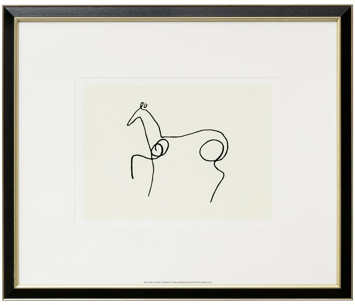 Ein minimalistische schwarz-weiß Linienzeichnung von einem Tier im Stil von Picasso, gerahmt in einem modernen schwarzen Rahmen. Perfekt für Kunstliebhaber und als dekorative Wandkunst.