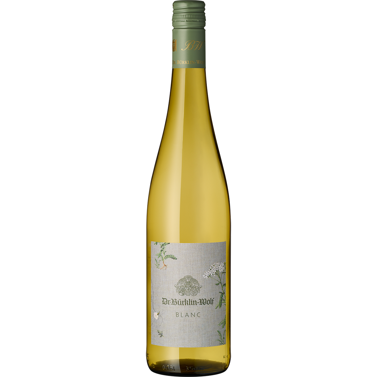Eine elegante Flasche Weißwein aus einem deutschen Weingut mit grauem, blumig verziertem Etikett auf hellem Hintergrund, geeignet als Geschenk oder für Weinverkostungen.