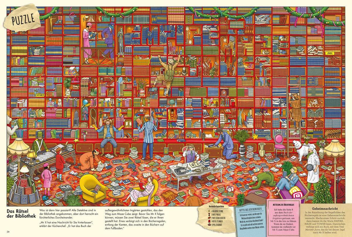 Ein farbenfrohes Wimmelbild-Puzzle mit dem Titel 'Pierre, der Irrgarten-Detektiv'. Das Bild zeigt eine belebte Bibliothek voller Bücherregale und verschiedenen Figuren, die nach Hinweisen suchen. Es gibt viele bunte Elemente wie Bücher, Möbel und Personen in unterschiedlichen Aktivitäten, ideal für Kinder und Familien zum Rätseln und Entdecken.