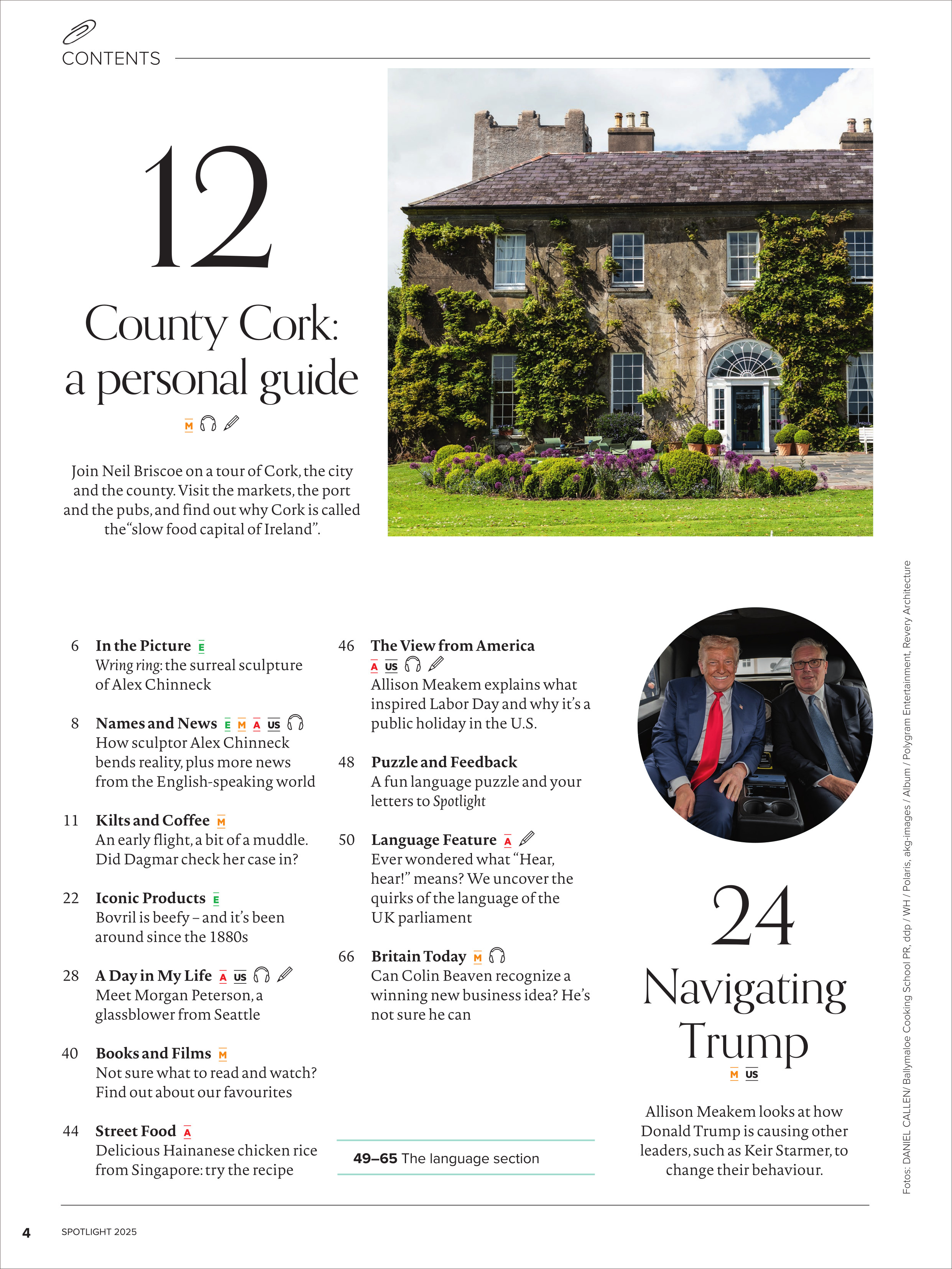 Das Titelblatt des Spotlight Magazins 11/2025 zeigt eine Übersicht über die wichtigsten Artikel, darunter einen Reiseführer über County Cork in Irland und ein Interview mit Donald Trump. Zentral abgebildet ist ein irisches Herrenhaus mit einer grünen Wiese im Vordergrund. Die Gestaltung ist klar, textbetont und richtet sich an Leser, die an Reisen, Kultur und Spracherwerb interessiert sind.