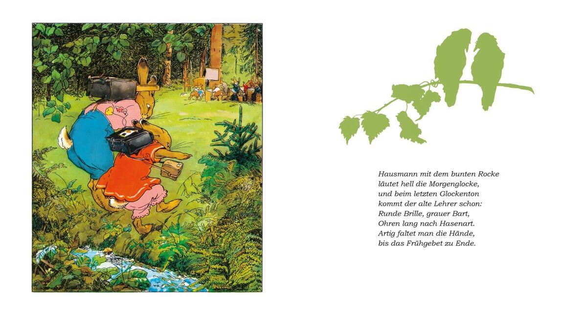 Das Bild zeigt eine Illustration aus dem Buch 'Die Häschenschule'. Eine Lehrerin mit einem Buch unter dem Arm führt eine Gruppe von Hasenkindern durch einen grünen Wald. Der Text auf der rechten Seite beschreibt den Beginn eines Schultages. Insgesamt wirken die Farben lebendig und naturverbunden.
