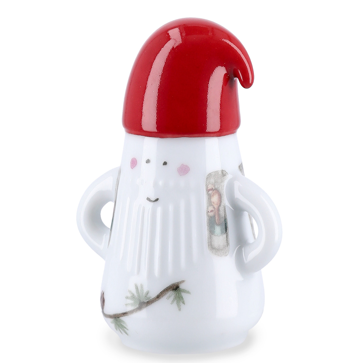 Porzellanfigur eines stilisierten Weihnachtsmanns mit weißem Körper, langen Armen, minimalistischen Gesichtszügen und roter Mütze im skandinavischen Hammershøi-Design; auf dem weißen Mantel sind dezente, weihnachtliche Motive und kleine Farbakzente abgebildet.