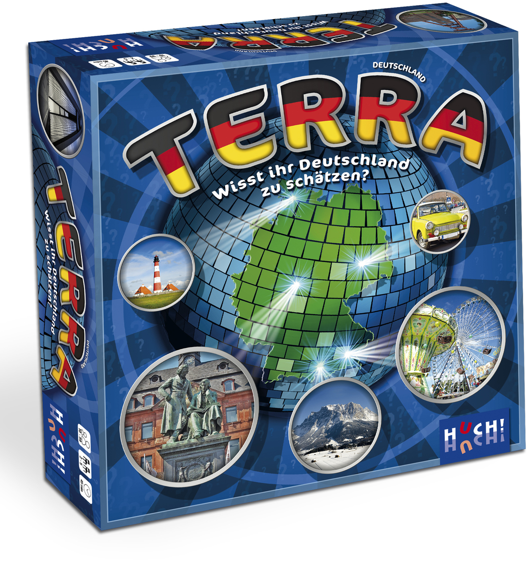 Die Verpackung des Brettspiels »Terra Deutschland« zeigt eine Karte von Deutschland in der Mitte, umgeben von Bildern verschiedenen deutscher Sehenswürdigkeiten. Der Hintergrund ist überwiegend blau. Es ist ein Wissens- und Quizspiel von Huch!. Oben steht der Titel in bunten Buchstaben.