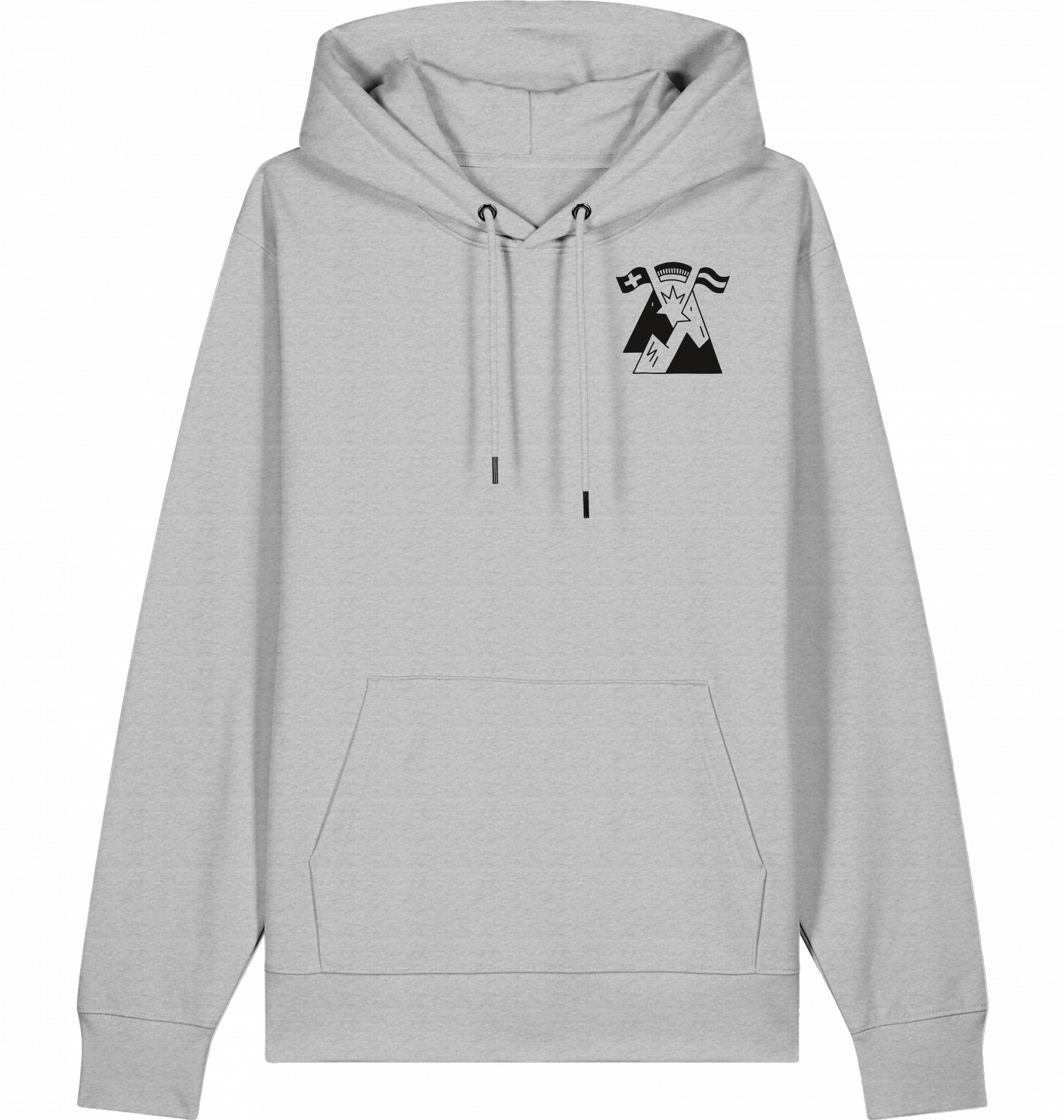 Hellgrauer Hoodie mit Kapuze und Kängurutasche. Auf der linken Brust befindet sich ein minimalistisches Bergmotiv mit Fahnen und der Aufschrift 'Servus. Grüezi. Hallo.' Der Hoodie ist leger geschnitten und eignet sich für Freizeit und Outdoor-Aktivitäten.