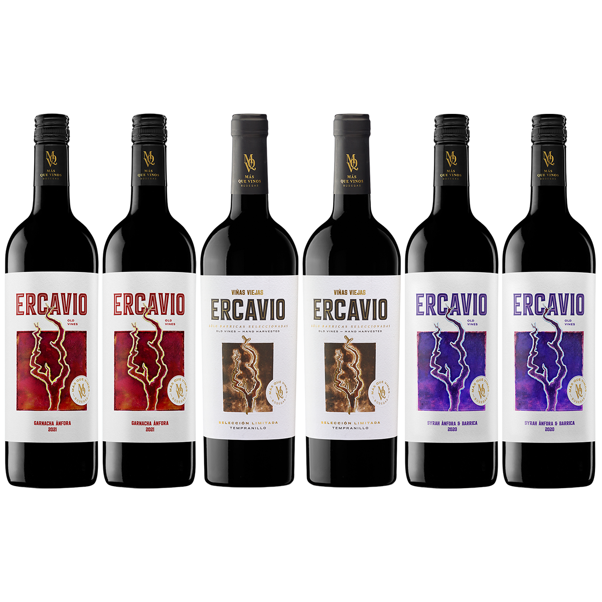Sechs Flaschen spanischer Rotwein der Marke Mas Que Vinos stehen nebeneinander. Die Flaschen haben unterschiedliche Etiketten in Rot-, Weiß- und Violetttönen mit goldenen und silbernen Auszeichnungen. Das Bild zeigt eine Übersicht des Weingut-Pakets.
