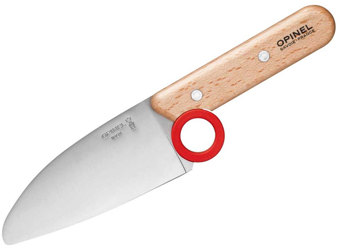 Kochmesser für Kinder mit Holzgriff und rotem Sicherheitsring.