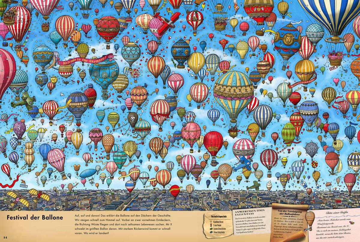 Ein bunt illustriertes Buch mit vielen Heißluftballons am Himmel und einem verworrenen Stadtbild darunter. Ein Detektivabenteuer für Kinder, welches ein Suchspiel mit einem Labyrinth vereint. Der Titel des Buches lautet 'Pierre, der Irrgarten-Detektiv'.