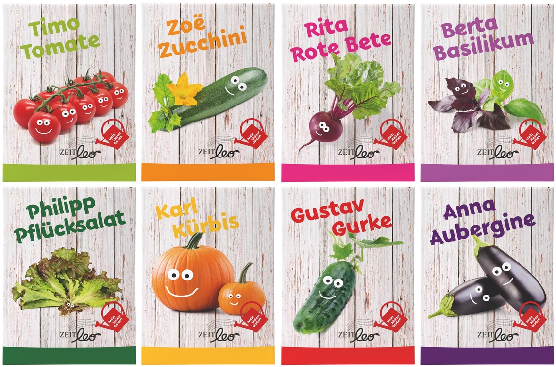 Verpackungen von ZEIT LEO-Edition »Mein kleiner Garten« mit verschiedenen Gemüsesamen für Kinder, illustriert mit bunten und lustigen Zeichnungen von Tomaten, Zucchini, Rote Bete, Basilikum, Pflücksalat, Kürbis, Gurke und Aubergine.