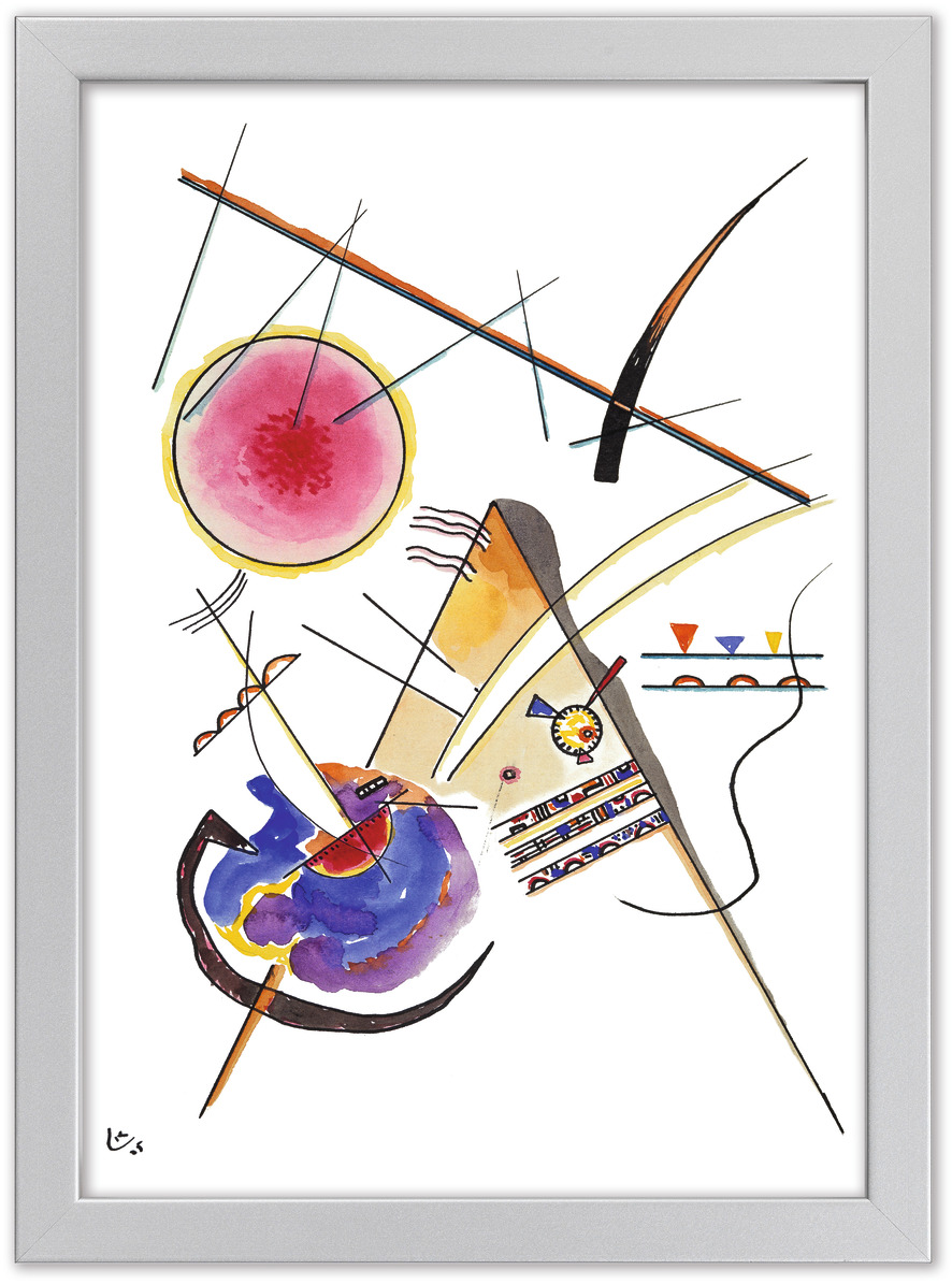 Komposition von Wassily Kandinsky aus dem Jahr 1925 zeigt eine abstrakte Darstellung mit verschiedenen Farben und geometrischen Formen, darunter Kreise, Dreiecke und Linien, auf einem weißen Hintergrund.