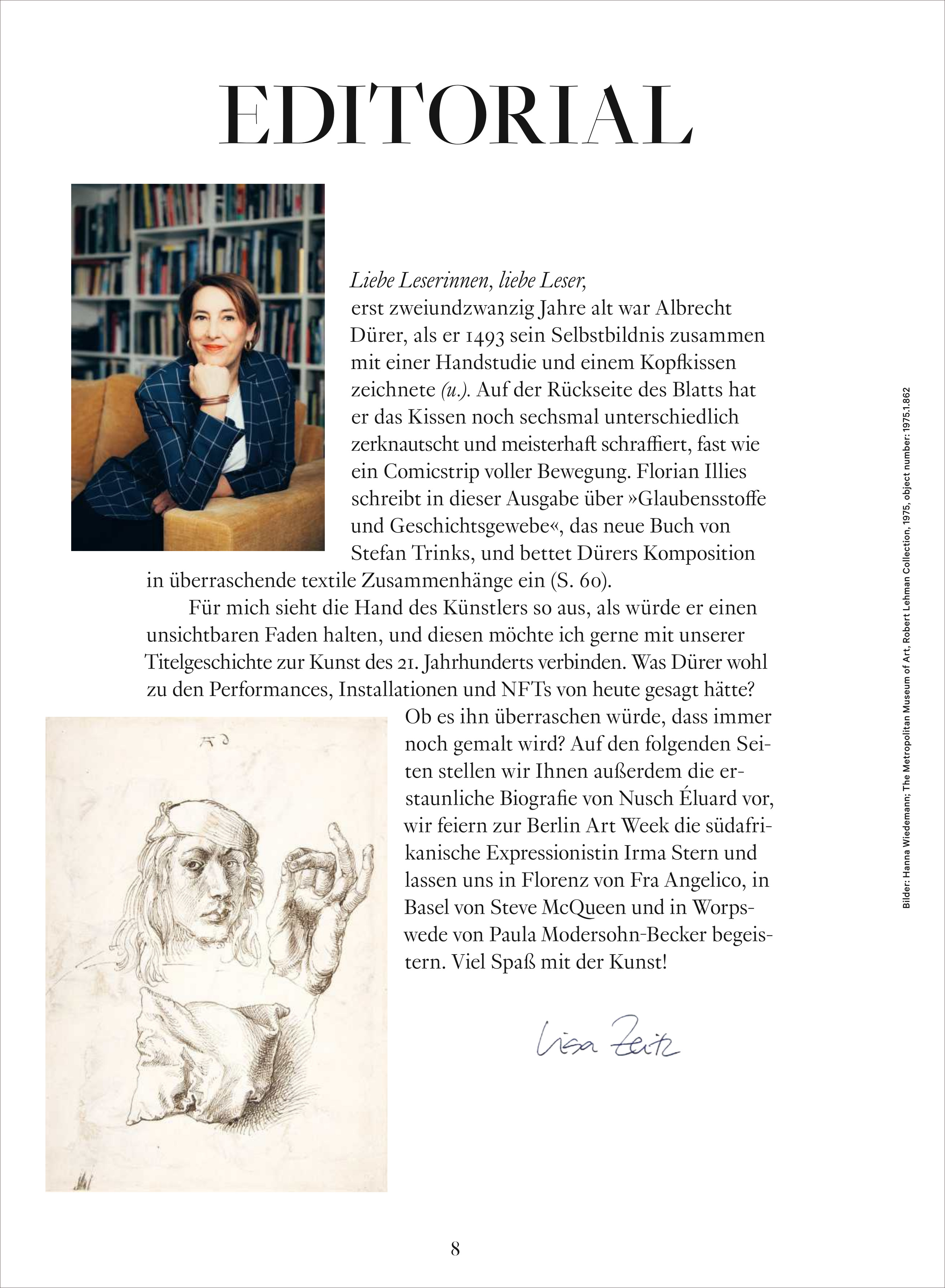 Das Bild zeigt eine Magazinseite mit dem Titel 'Editorial' aus der Zeitschrift 'WELTKUNST 245/25 Die Kunst des 21. Jahrhunderts'. Links oben befindet sich ein Porträt einer Frau vor einem Bücherregal. Darunter ist eine klassische Bleistiftzeichnung eines Mannes und einer Hand abgebildet. Rechts davon erscheint ein längerer Fließtext zur Einleitung der Ausgabe sowie die handschriftliche Signatur von Liesa Rott. Die Seite hat ein elegantes, künstlerisches Layout auf weißem Hintergrund.