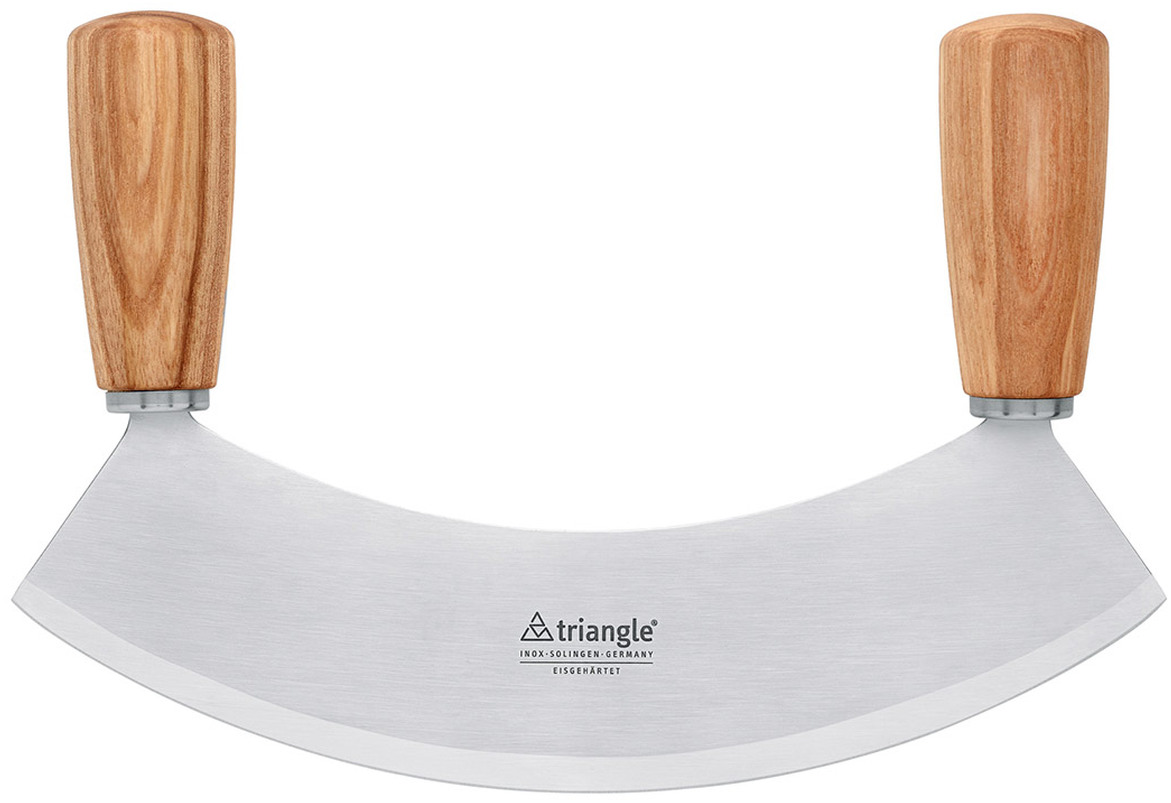Ein Wiegemesser namens „Soul“ mit zwei Holzgriffen und einer halbmondförmigen Edelstahl-Klinge. Das Messer ist auf weißem Hintergrund abgebildet.
