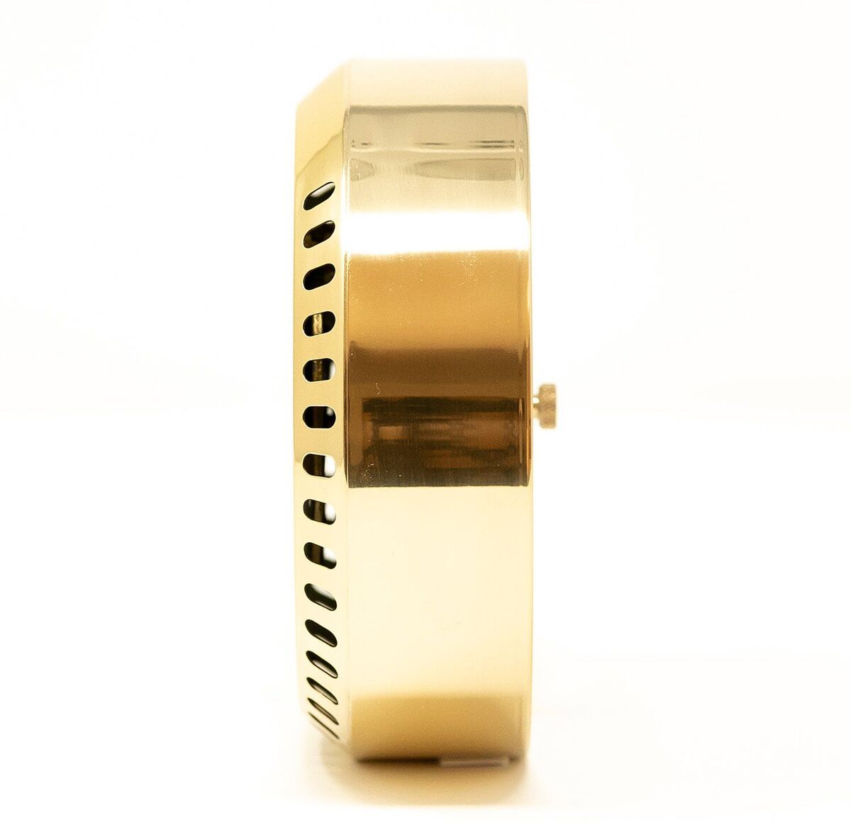 Seitliche Ansicht des ZEIT-Sonderedition POLAR Barometers zeigt glänzendes, metallisches Gehäuse in Gold mit stilvollem Design.