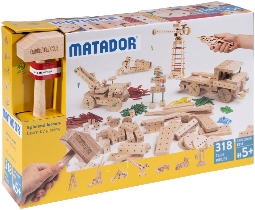Holzkonstruktionsbaukasten »Explorer E318«, 318-teiliges Set. Die Verpackung zeigt verschiedene gebaute Holzfiguren und Konstruktionen wie Fahrzeuge und Tiere. Enthält bunte Verbindungsteile und einen Holzhammer. Geeignet für Kinder ab 5 Jahren.