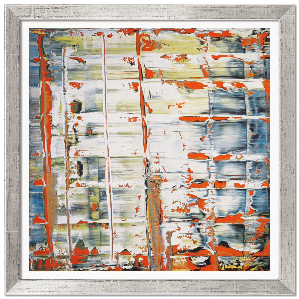 Gerahmtes abstraktes Kunstwerk von Gerhard Richter aus dem Jahr 1992. Dominierende Farben sind Rot, Grün, Weiß und Blau, mit markanten, horizontal und vertikal verlaufenden Farbschichten und auffälligen Strukturen im silberfarbenen Rahmen.