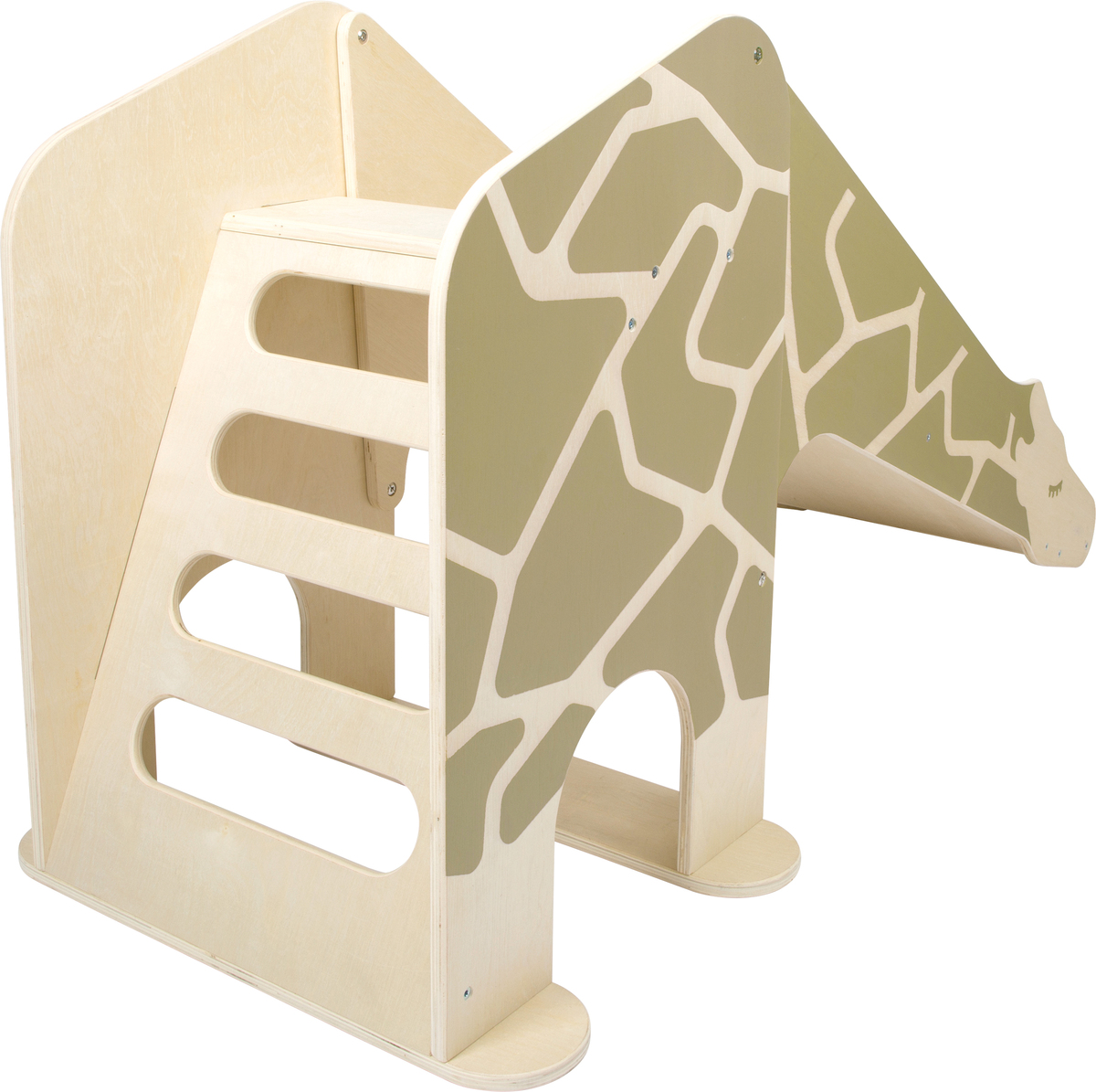 Innenrutsche im Giraffen-Wildlife-Design aus holzähnlichem Material, mit lustigem Giraffenmuster und beige-farbener Leiter, geeignet für kleine Kinder und Vorschulkinder.