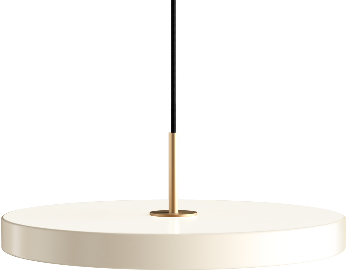 Pendelleuchte »Asteria Medium« in weiß und gold mit schlankem, minimalistischem Design, geeignet für Wohnzimmer und Esszimmer.