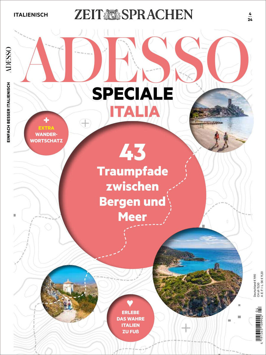 Cover des Adesso Magazin 04/2024 Sonderausgabe zeigt den Titel 'Speziale Italia' mit dem Untertitel '43 Traumpfade zwischen Bergen und Meer'. Enthält Bilder von italienischen Landschaften, Bergen und Küsten.