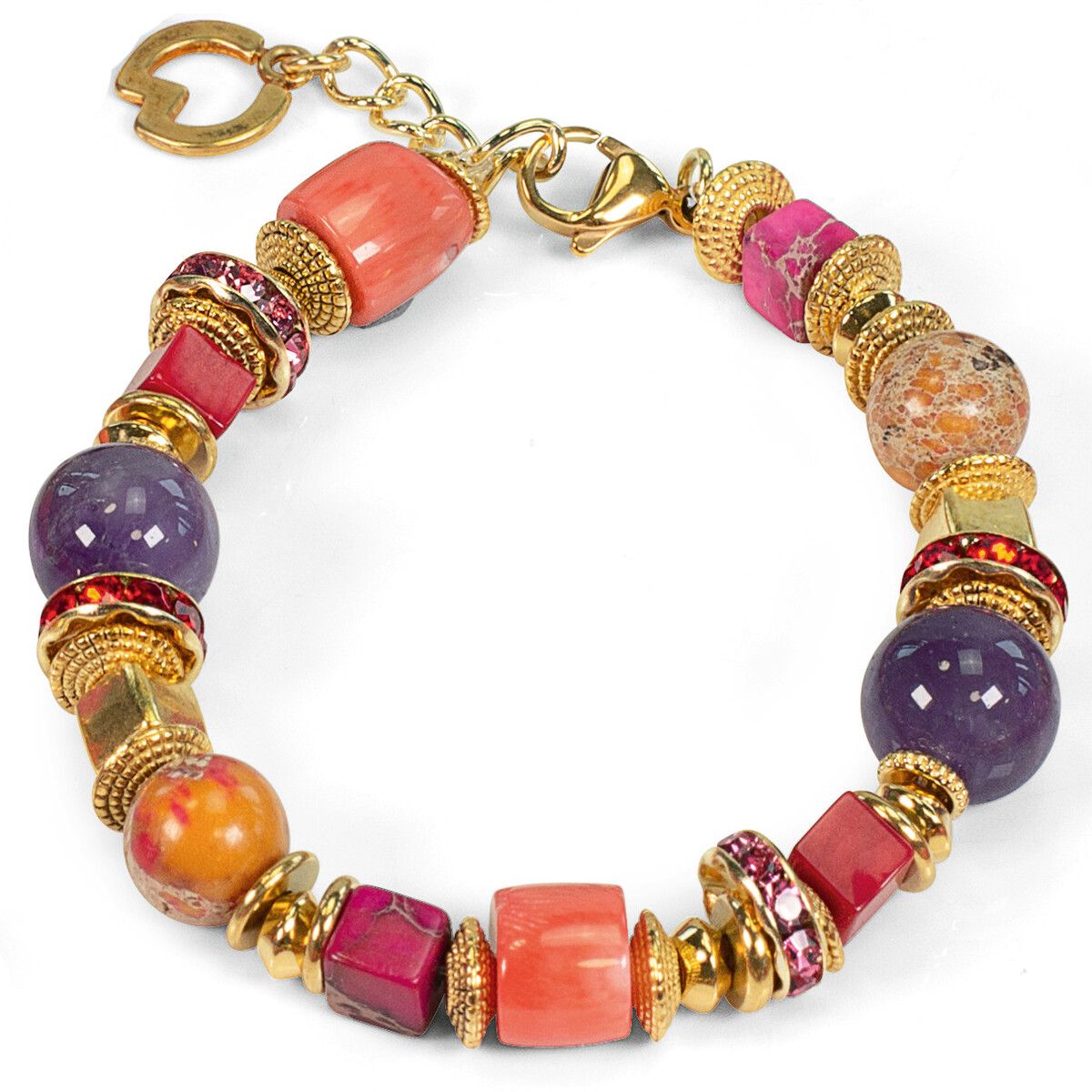 Ein modisches Schmuckset namens »Tamika« von Petra Waszak, bestehend aus einem Armband mit bunten Perlen und goldenen Akzenten, ideal als exklusives Geschenk.