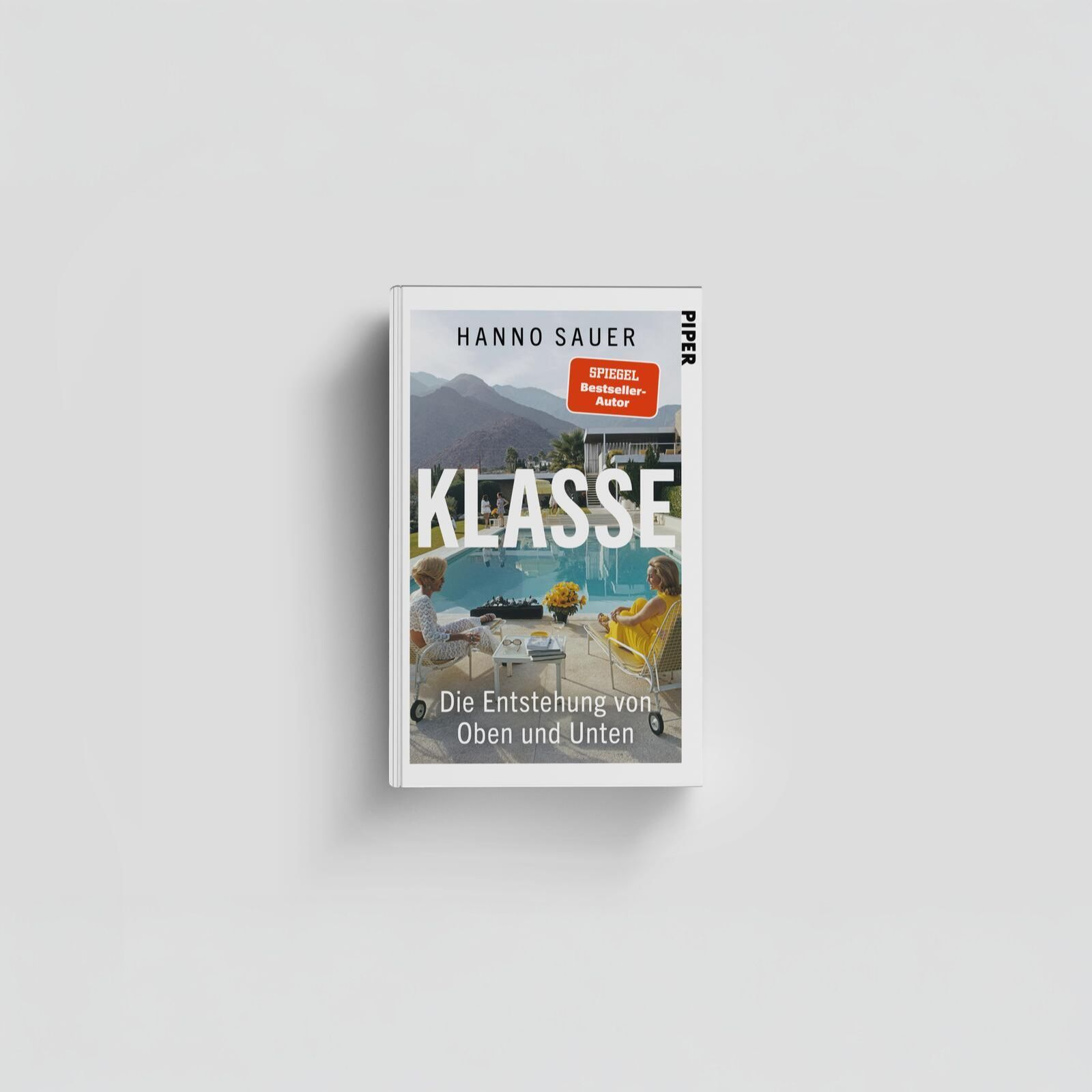 Das Buch 'Klasse: Die Entstehung von Oben und Unten' von Hanno Sauer ist auf einem hellen Hintergrund abgebildet. Das Cover zeigt eine stilisierte Szene mit zwei Personen, die auf einer Terrasse mit Blick auf Berge und Wasser sitzen. Im oberen Bereich ist ein roter Bestseller-Sticker. Der Titel ist in großen weißen Buchstaben geschrieben.