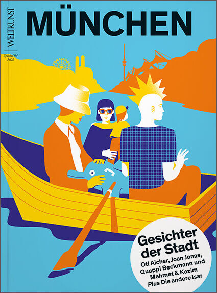 Cover des WELTKUNST Sonderheftes Nr. 205/22, München Spezial. Im Vordergrund ein buntes, abstraktes Bild von drei Menschen in einem Boot vor der Münchner Skyline. Die Farben Blau, Gelb und Orange dominieren. Titel: Gesichter der Stadt.