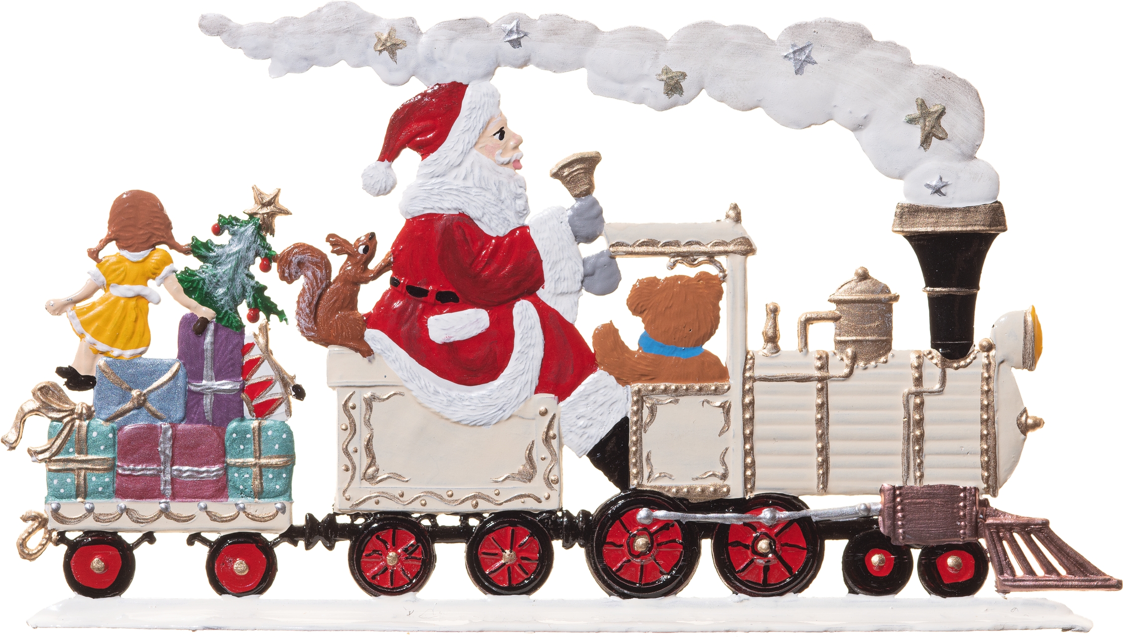 Zinnfigur in Form eines festlich dekorierten Weihnachtszuges mit Weihnachtsmann als Lokführer, Geschenkkisten, geschmücktem Tannenbaum und weiteren Figuren; detailreich und bunt bemalt, als Weihnachtsdekoration oder Sammelobjekt geeignet.