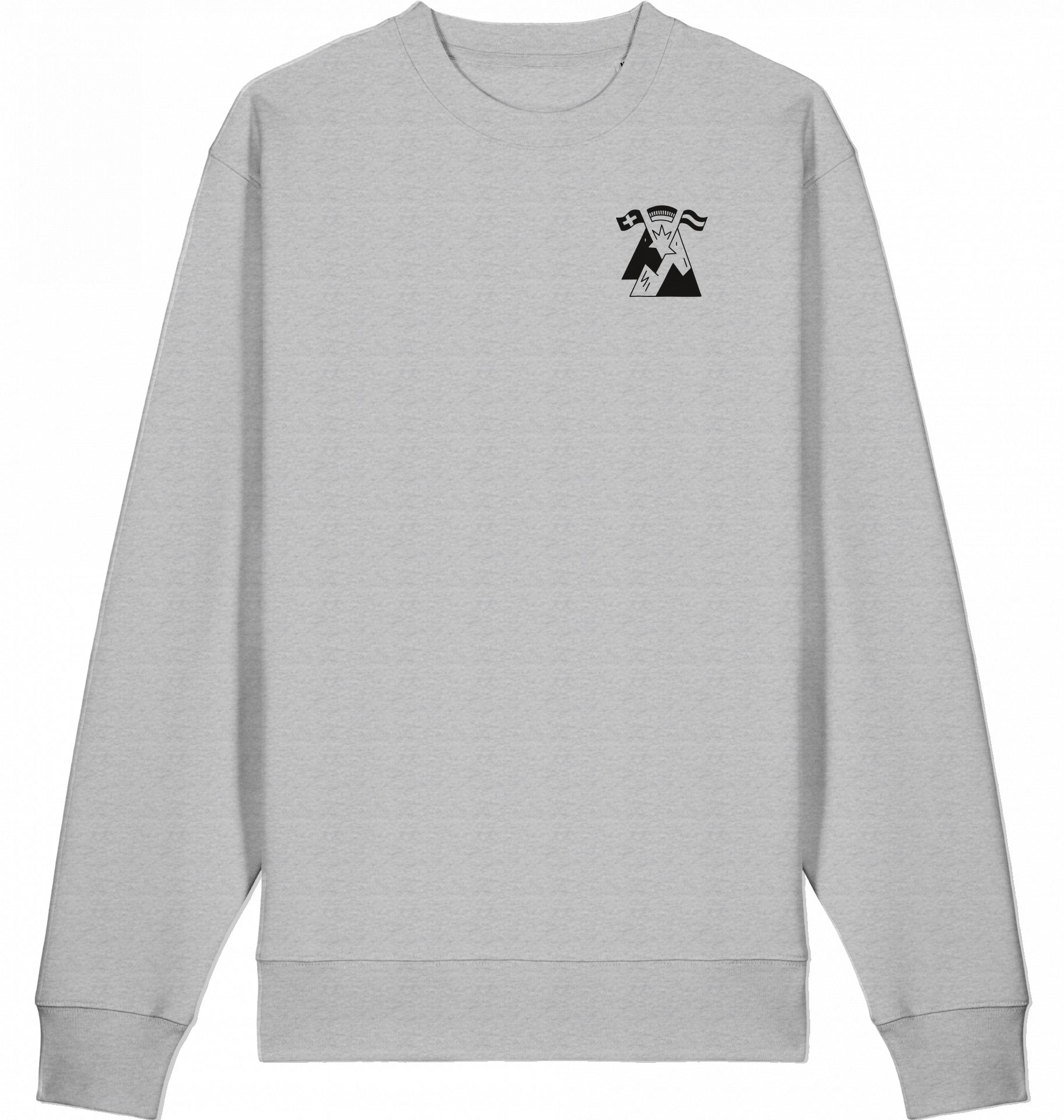 Hellgrauer Sweater mit kleinem schwarzen Aufdruck in der linken oberen Brust, der drei stilisierte Berge zeigt, darüber Schriftzug 'Servus. Grüezi. Hallo.'. Langärmelig, Rundhalsausschnitt, klassischer Schnitt, minimalistisches Design.