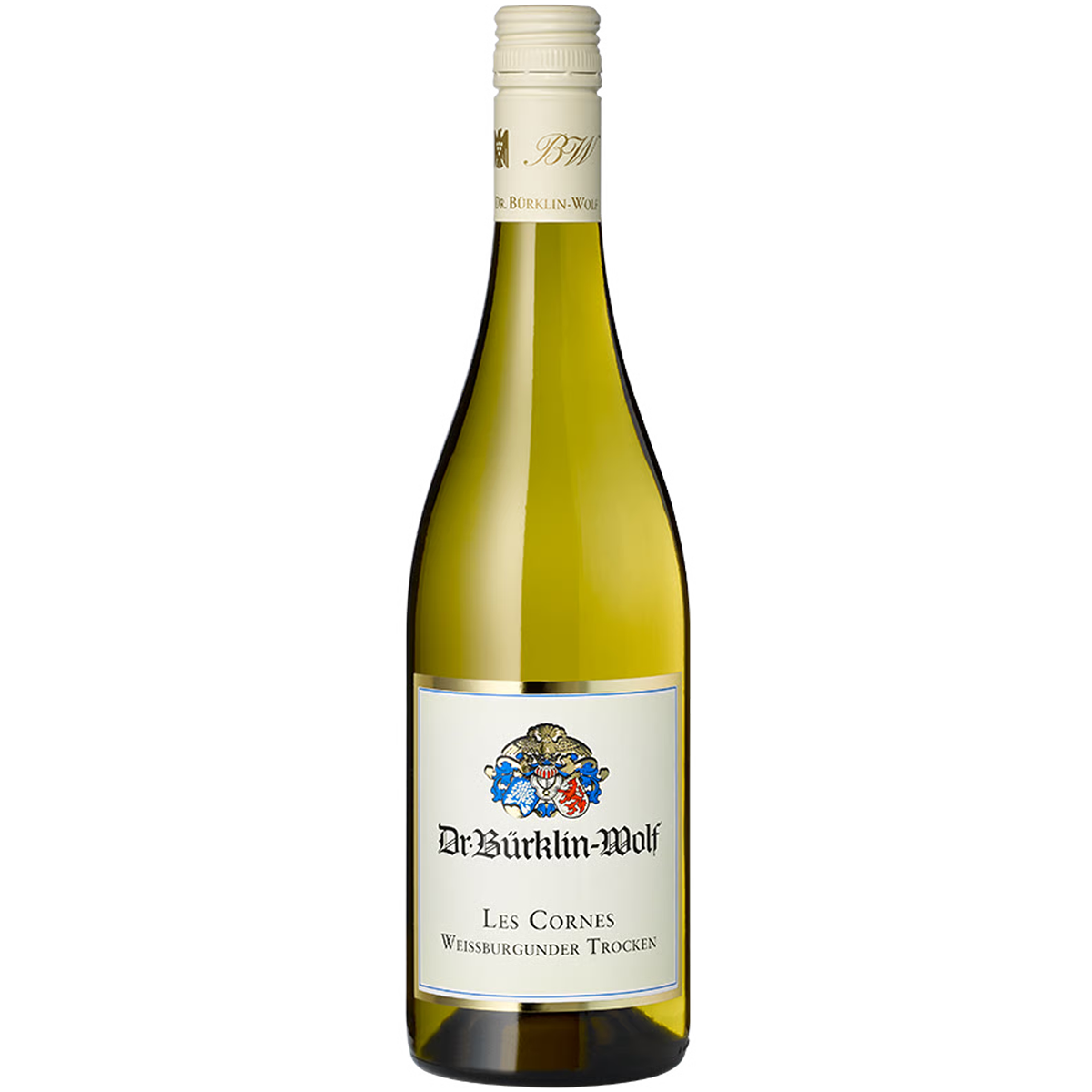 Eine einzelne, schlanke Weinflasche des Weinguts Dr. Bürklin-Wolf, Weißburgunder trocken, mit einem eleganten Etikett und goldgelber Färbung des Weins. Die Flasche steht vor hellem Hintergrund und ist Teil eines größeren Probierpakets verschiedener Weine.