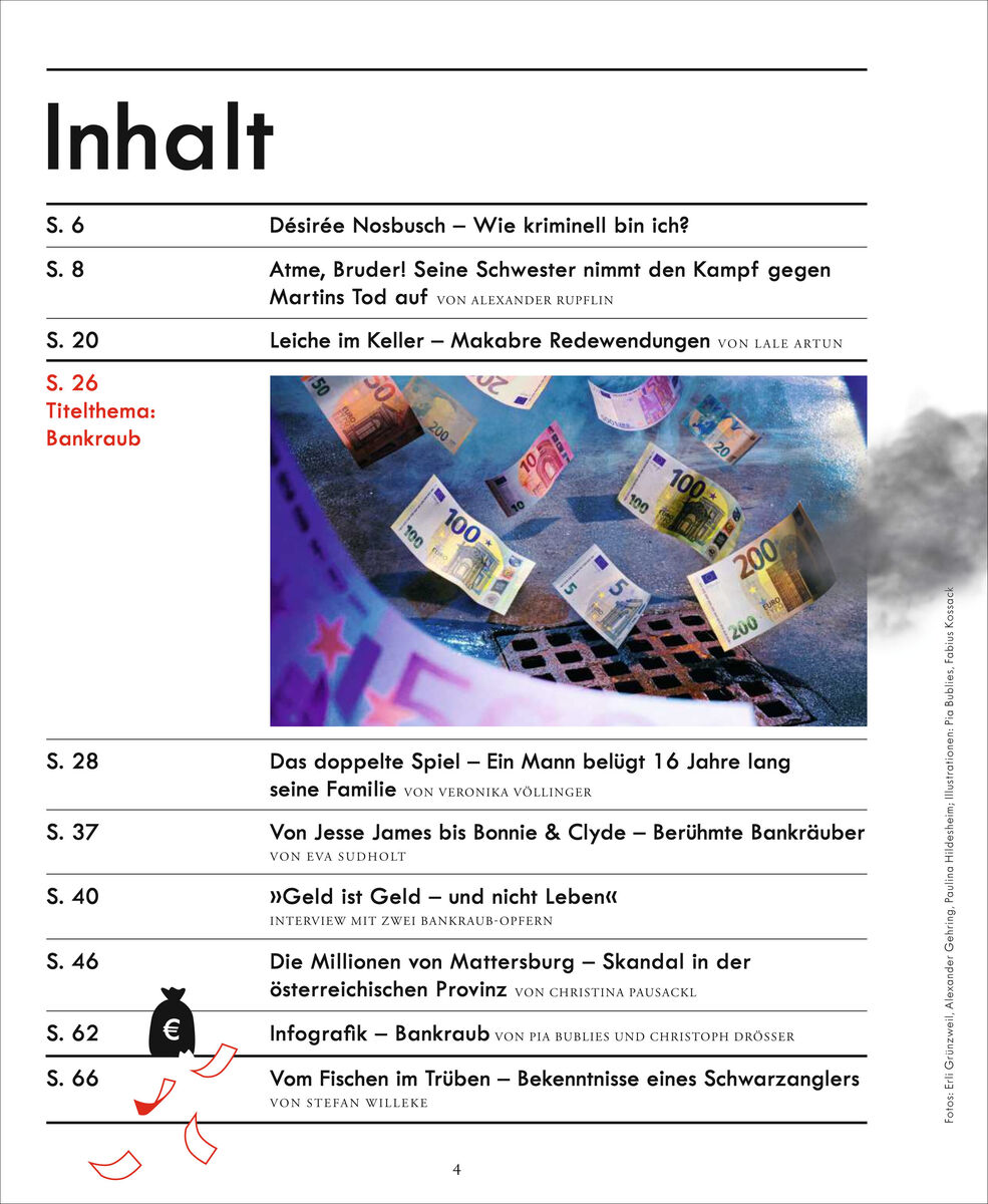 Das Bild zeigt das Inhaltsverzeichnis der Ausgabe „ZEIT VERBRECHEN 17/22“. Die Themen umfassen u.a. Bankraub, Drogen, und verschiedene Kriminalfälle. Am unteren Rand sind Farbgrafiken abgebildet.