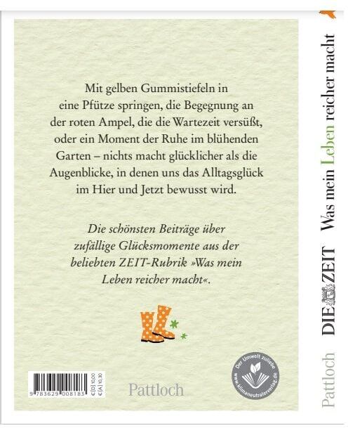 Ein Geschenkbuch mit dem Titel ‚Was mein Leben reicher macht: Glück & Lebensfreude‘. Das Cover ist grün und enthält eine Illustration von gelben Gummistiefeln. Der Verlag ist Pattloch und der Text beschreibt positive Momente im Leben.