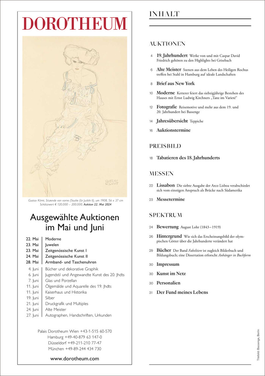Ein Katalog von Dorotheum mit dem Titel „KUNST UND AUKTIONEN 9/24“, der ausgewählte Auktionen im Mai und Juni mit kunsthistorischen Inhalten beschreibt. Die Vorderseite zeigt eine Abbildung eines Gemäldes und eine detaillierte Liste der Auktionsdaten und -orte.