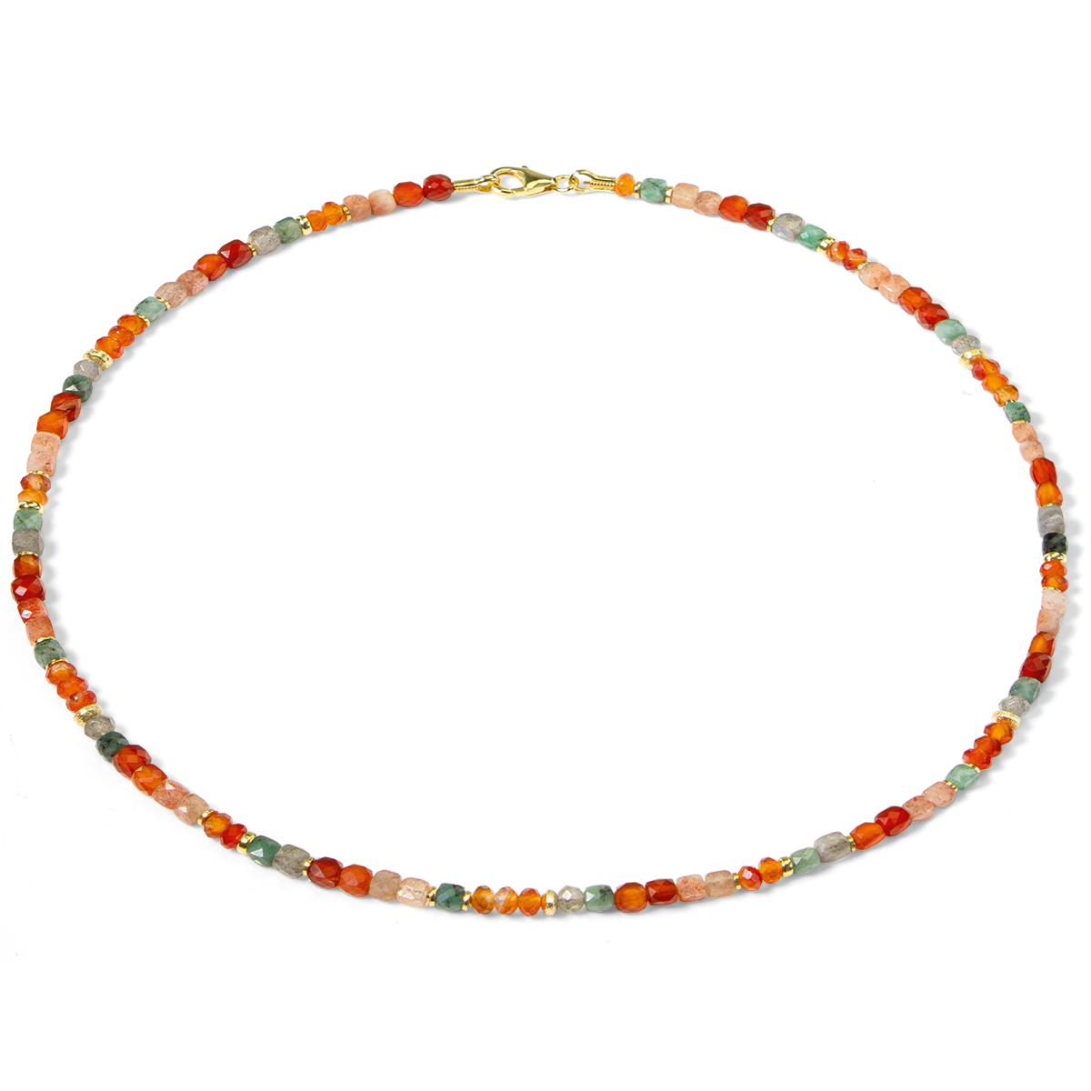 Filigranes Collier »Avril« von Ars mundi mit 430 mm Länge, gestaltet aus 925er Sterlingsilber sowie facettierten Edelsteinen: Sonnenstein, Karneol, Smaragd und Mondstein in warmen Orange-, Rot-, Grün- und Lachstönen. Dezente goldene Schließe rundet das elegante Design ab.